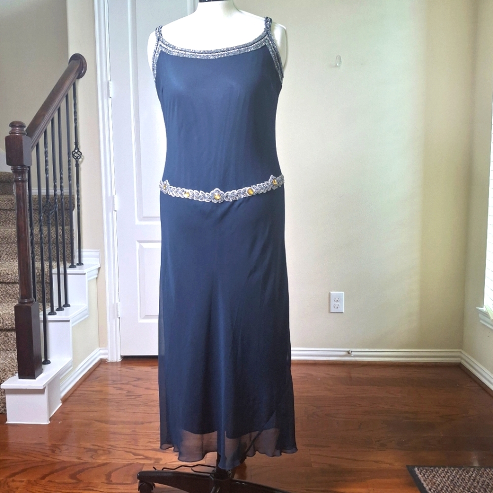 VTG 90s JKara Rhinestone Chiffon Drop Waist Midi Dress 14 Gatsby Formal Cocktail